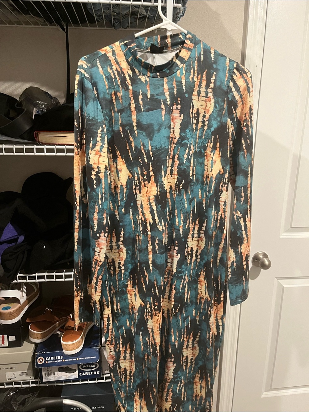 Long Sleeve Tie-Dye Maxi Dress in Teal and Tan